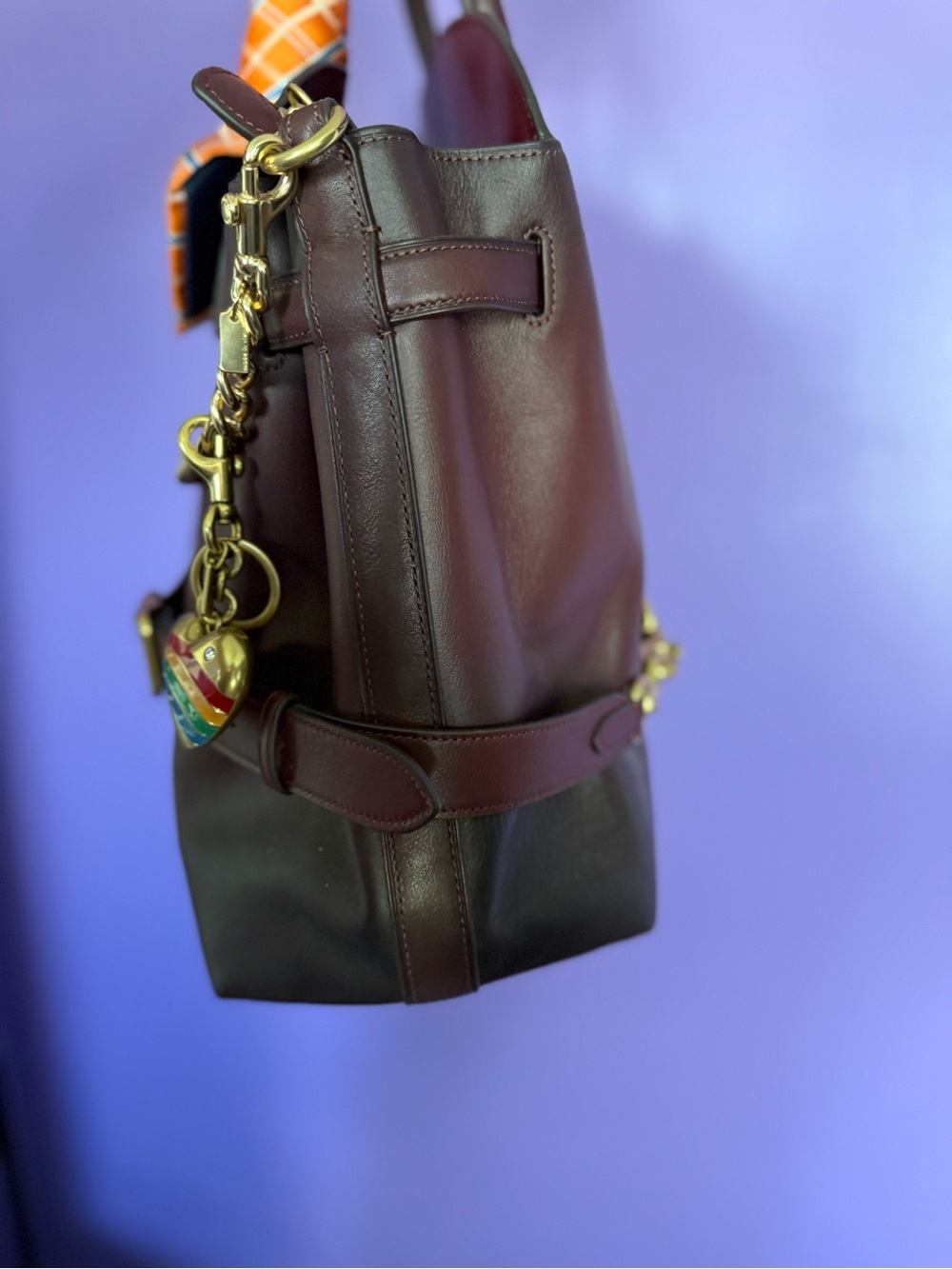 COACH Burgundy Leather Satchel with Gold Chain and Orange Scarf-Wrapped Handles - Picture 6 of 8